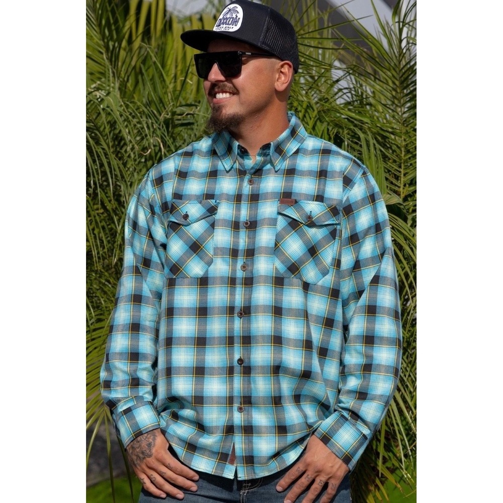 Dixxon Flannel Co Ohana Shirt Mens XL Blue Plaid Long Sleeve Button Up Surf Bike